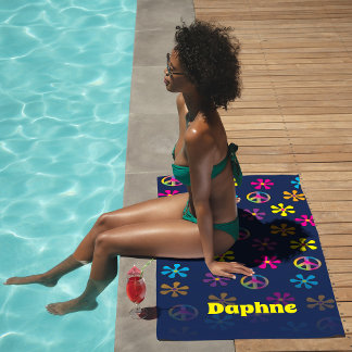 Toalha De Praia Groovy Hippie Peace and Flower Chá Custom Name