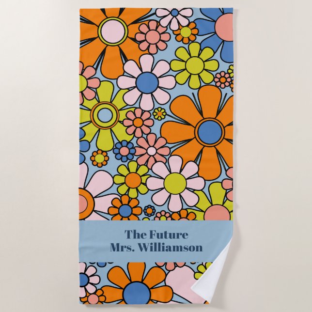 Toalha De Praia Groovy Retro 60s 70s Bridal Padrão Floral (Frente)