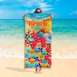 Toalha De Praia Guarda-chuvas na Sand Beach Life<br><div class="desc">Ondas em uma praia arenosa,  banhistas e muitos guarda-chuvas coloridos,  esta toalha de praia é personalizada com seu nome e "Beach Life". Uma diversão na sua casa de praia,  bolsa de praia,  férias de verão ou personalização para dar como presente. CORRESPONDENTE a itens na nossa coleção.</div>