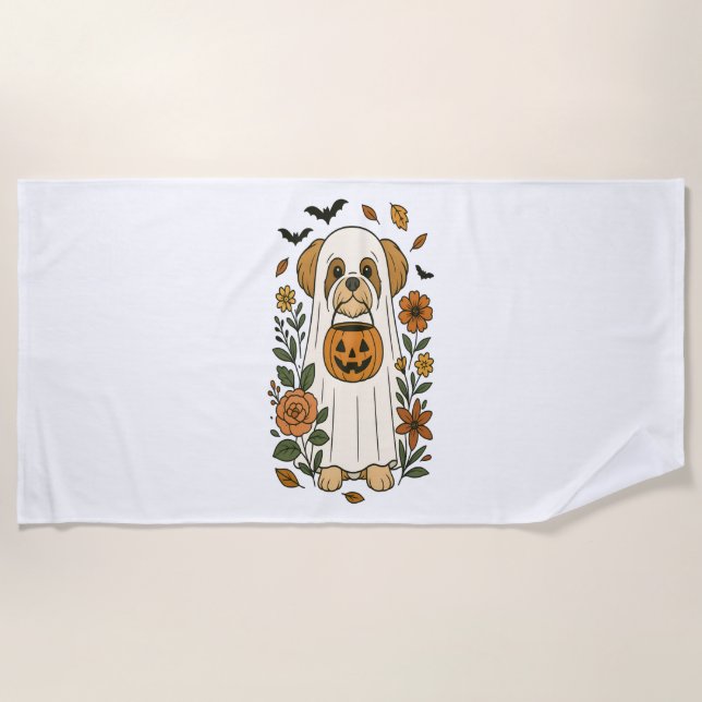 Toalha De Praia Halloween Shih Tzu com Flores de Queda (Frente)