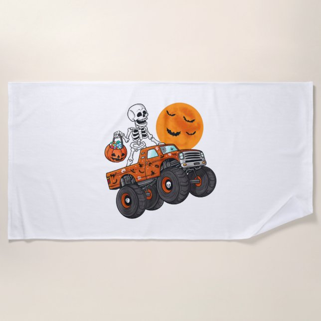 Toalha De Praia Halloween Skeleton Riding Monster Truck (Frente)