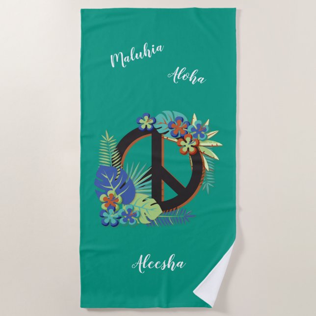 Toalha De Praia Hawaiian Peace Love Name Personali Sea Green (Frente)