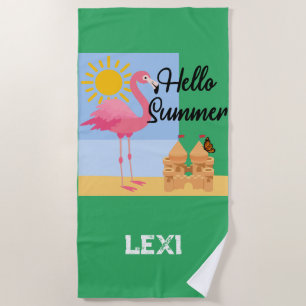 Toalha De Praia Hello Summer Pink Flamingo Design - Beach Towel