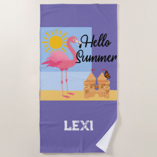 Toalha De Praia Hello Summer Pink Flamingo Design - Beach Towel