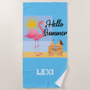 Toalha De Praia Hello Summer Pink Flamingo Design - Beach Towel