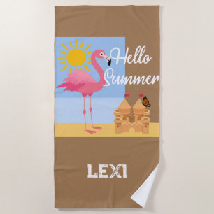 Toalha De Praia Hello Summer Pink Flamingo Design - Beach Towel