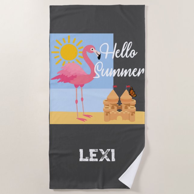 Toalha De Praia Hello Summer Pink Flamingo Design - Beach Towel (Frente)