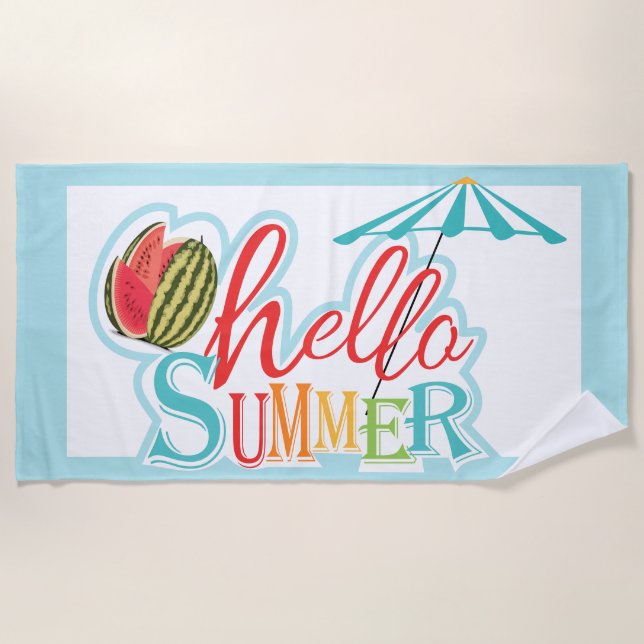 Toalha De Praia Hello Summer Quote Beach Umbrella Watermelon Blue (Frente)