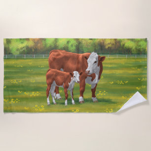 Toalha De Praia Hereford Cow & Cute Calf na Pastagem de Verão