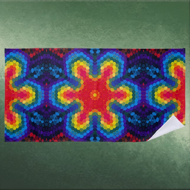Toalha De Praia Hex Mandala Red Yellow and Blue (Red Yellow and Blue Hexagon Mandala Beach Towel by Wormhole Orbital)