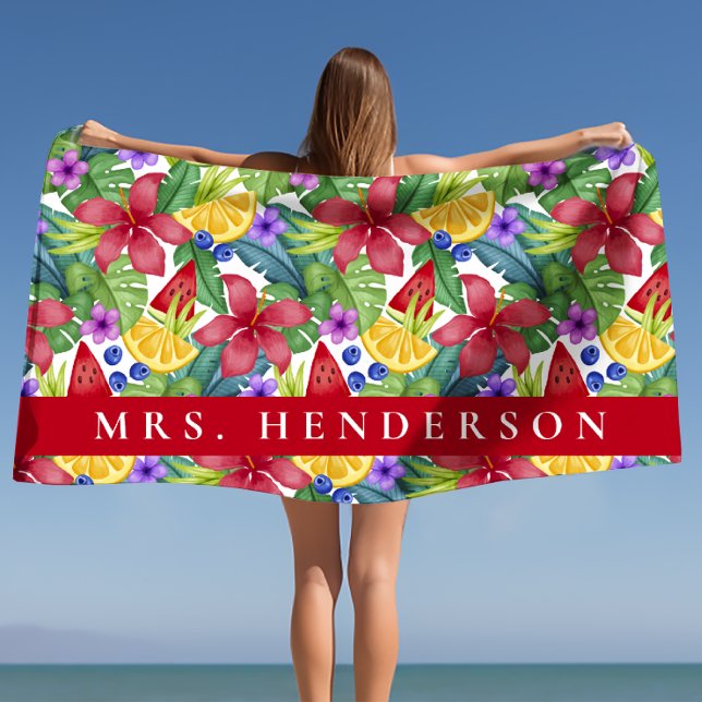 Toalha De Praia Hibiscus e Folhas Tropicais Nome Personalizado (Hibiscus and Tropical Leaves Personalized Name Beach Towel)