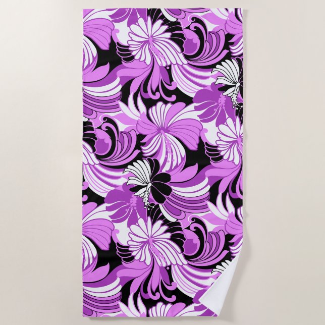 Toalha De Praia Hibiscus Jungle Tropical Havaiana Floral - Violeta (Frente)