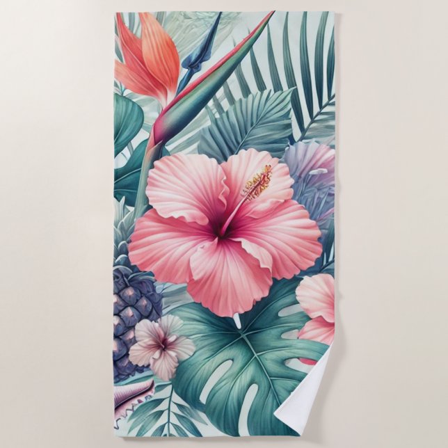Toalha De Praia Hibiscus tropical e Palm Design (Frente)