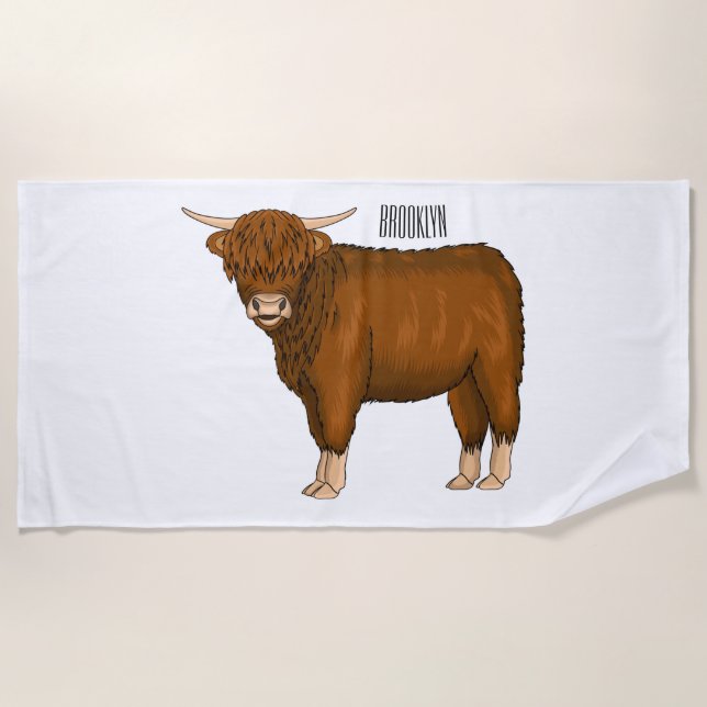 Toalha De Praia Highland cow cartoon illustration (Frente)