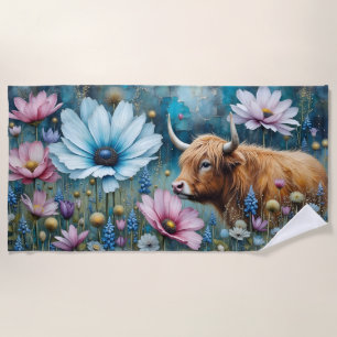 Toalha De Praia Highland Cow Floral Colorida Cosmos Tapeçaria II