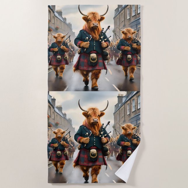 Toalha De Praia Highland Harmony: Bagpipe Highland Cow Banda (Frente)