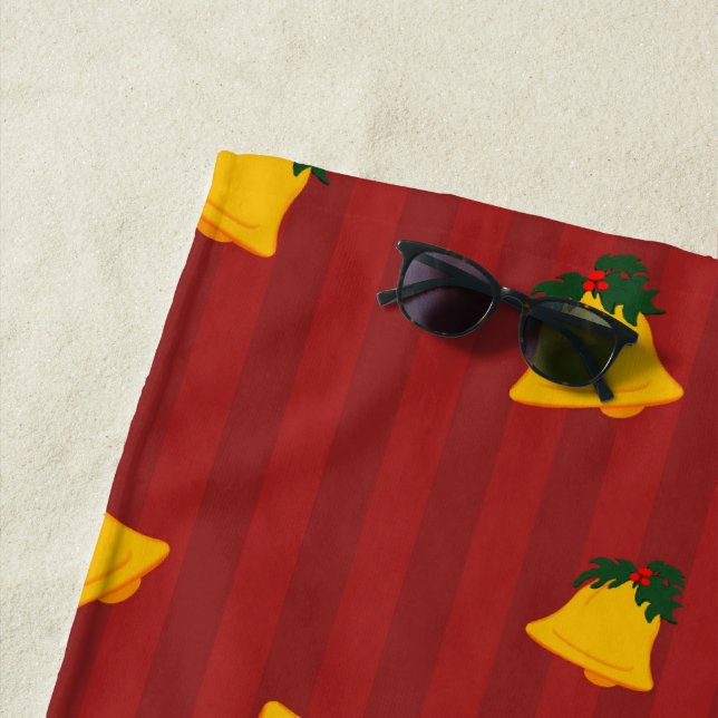 Toalha De Praia Holiday Red Gold Stripe Bells Christmas (In Situ)