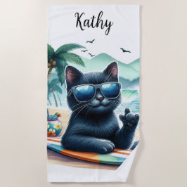 Toalha De Praia Hora da Praia Gato Preto Legal Personalizado