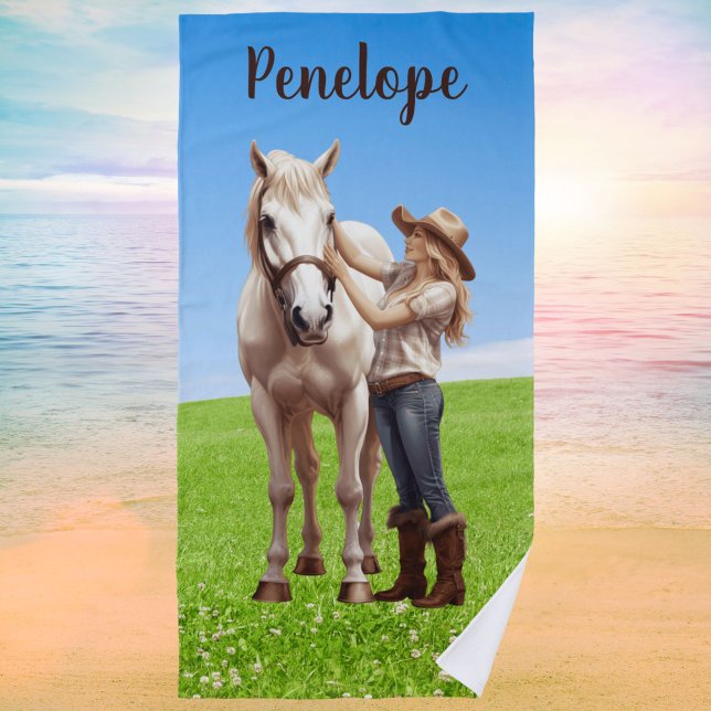 Toalha De Praia Horseback Rapariga de Cavalo Personalizado (Horse girl personalized beach towel)