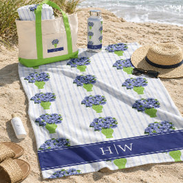 Toalha De Praia Hortênsia Azul Vaso Floral Costeiro Monograma