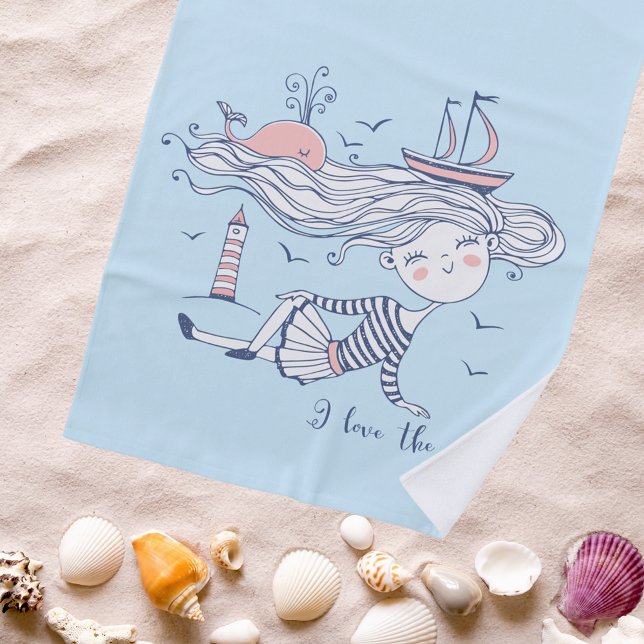 Toalha De Praia I Love the Sea Whimsical Nautical Personalized (Criador carregado)