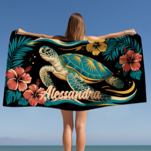 Toalha De Praia Ilha Vibes Turtle Tropical Havaiana Hibiscus