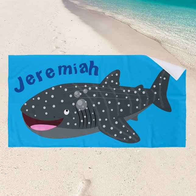 Toalha De Praia Ilustração animada feliz de tubarão-baleia-branca (A cute whale shark beach towel for your child's seaside adventure)