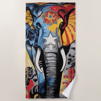 Toalha De Praia Ilustração Colorida de Elefante em Arte Pop