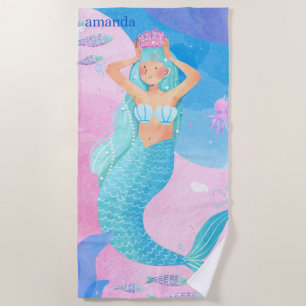 Toalha De Praia Ilustração colorida de sereia em aquarela fofa