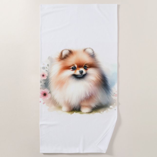 Toalha De Praia Ilustração de aquarela da Pomerânia Cuta (Frente)
