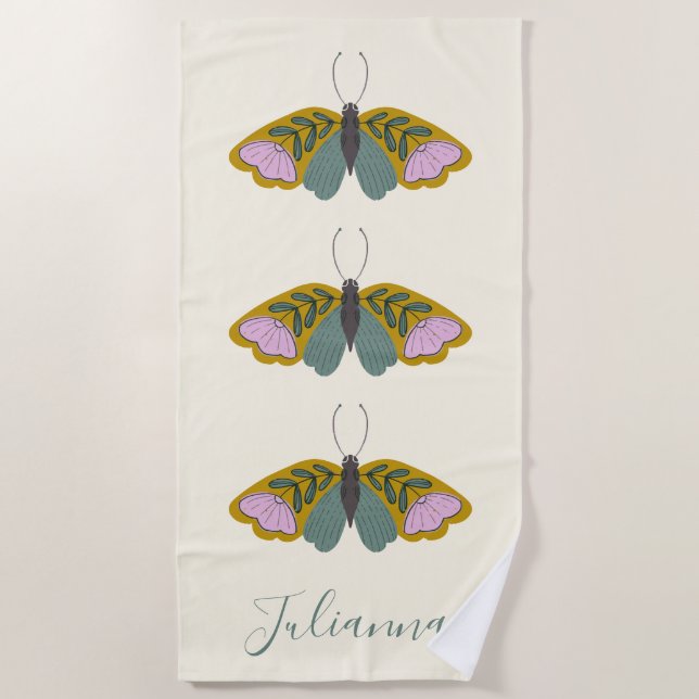 Toalha De Praia Ilustração de Borboleta Floral Boho Personalizada  (Frente)
