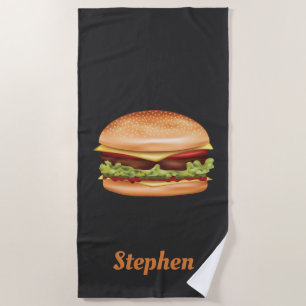 Toalha De Praia Ilustração de Hambúrguer Fast Food com Nome Person