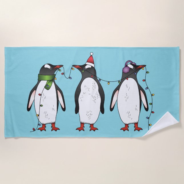Toalha De Praia Ilustração de Três Pinguins de Natal Festivos (Frente)
