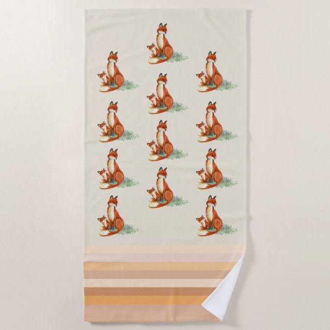 Toalha De Praia Ilustração Momma Fox e Baby Watercolor (Frente)