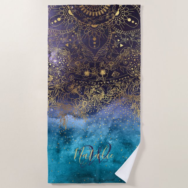 Toalha De Praia Imagem floral Dourado da mandala e dos confetes (Frente)