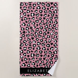 Toalha De Praia Impressão Animal, Leopardo Rosa, Corações, Seu Nom