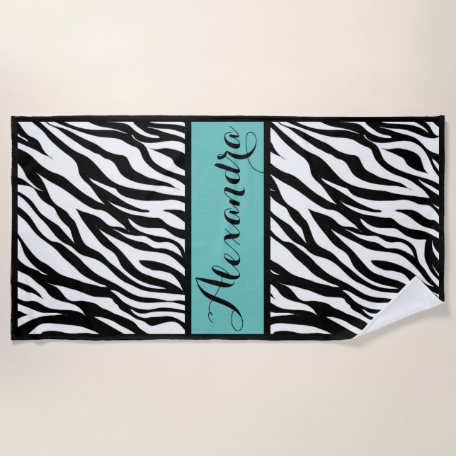 Toalha De Praia Impressão de Zebra com Monograma Azul Turquesa (Frente)
