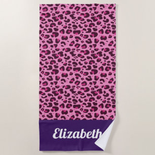 Toalha De Praia Impressão leopardo moderna, cor-de-rosa, com nome