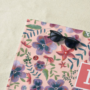Toalha De Praia Impressão total floral rosa boho monograma