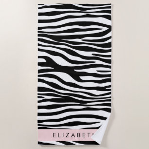 Toalha De Praia Impressão Zebra, Stripes, Preto E Branco, Seu Nome