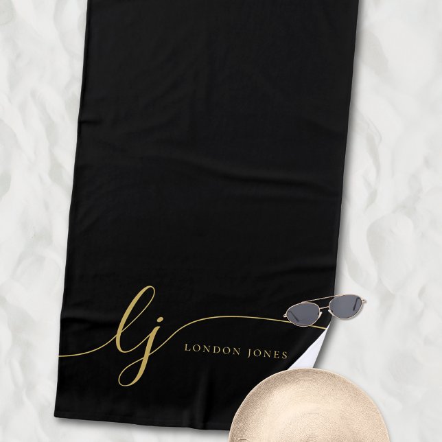 Toalha De Praia Iniciais de Script Dourado Preto Elegante Moderno  (Criador carregado)
