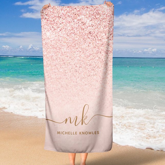 Toalha De Praia Iniciais e nome do Rico brilhante Dourado da Tendy (Trendy Rose Gold Glitter Fancy Initials and Name Beach Towel)