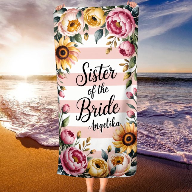 Toalha De Praia Irmã da Noiva Rosa Stripes Casamento Floral (Criador carregado)