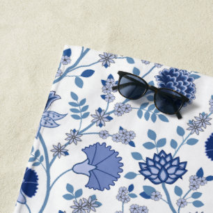Toalha De Praia Jacobean Floral Pattern Blue em Branco