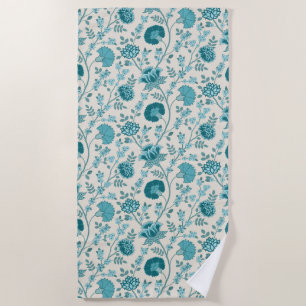 Toalha De Praia Jacobean Floral Pattern Teals on Cream