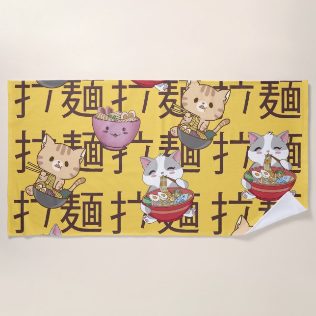 Toalha De Praia Japanese Kawaii Anime Cat Ramen Noodles (Frente)