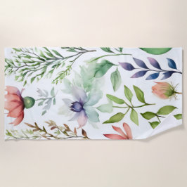 Toalha De Praia Jardim Botânico Floral Aquarela Branca