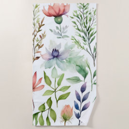 Toalha De Praia Jardim Botânico Floral Aquarela Branca