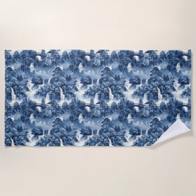 Toalha De Praia Jardim d'água japonês em porcelana branca azul (Frente)