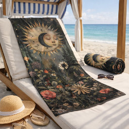 Toalha De Praia Jardim de Flores Silvestres Boho Celestial Sol Lua